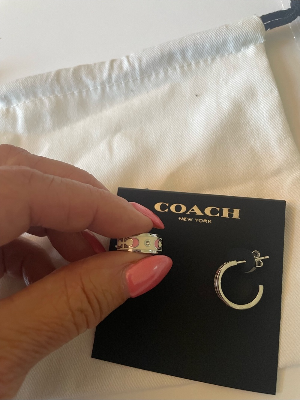 Coach Pink and Cream Enamel Small Hoop Earrings - Picture 4 of 4